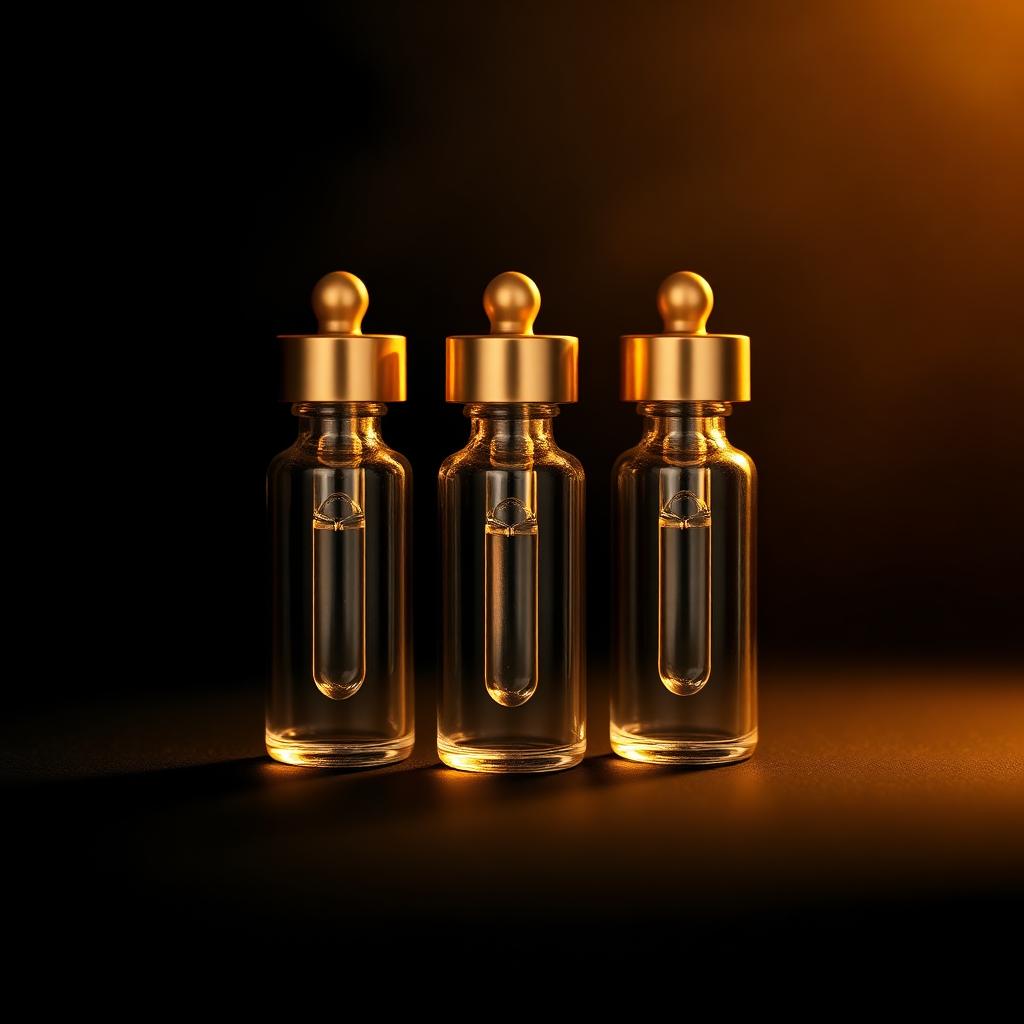 Glass vial of vitality and longevity peptide illuminated in warm bronze light