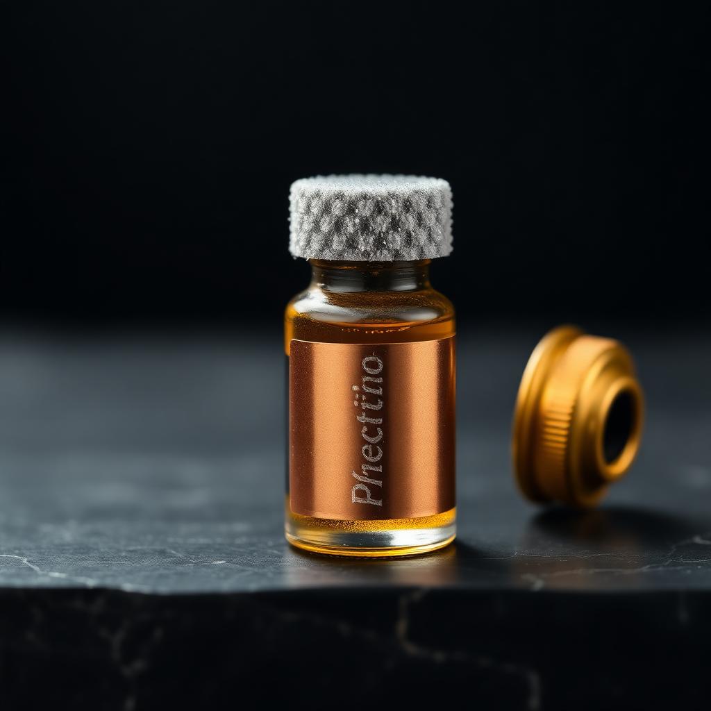 Performance-support peptide vial photographed against a charcoal studio background